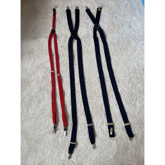 LOT of 3 pairs Mens Suspenders clip metal solid red blue Navy - Picture 2 of 11